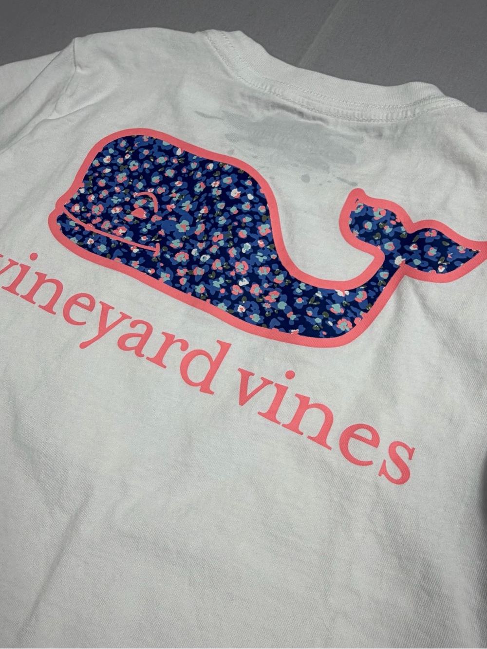 Vineyard Vines White Tee with Navy Floral Whale and Pink Trim - Picture 3 of 5